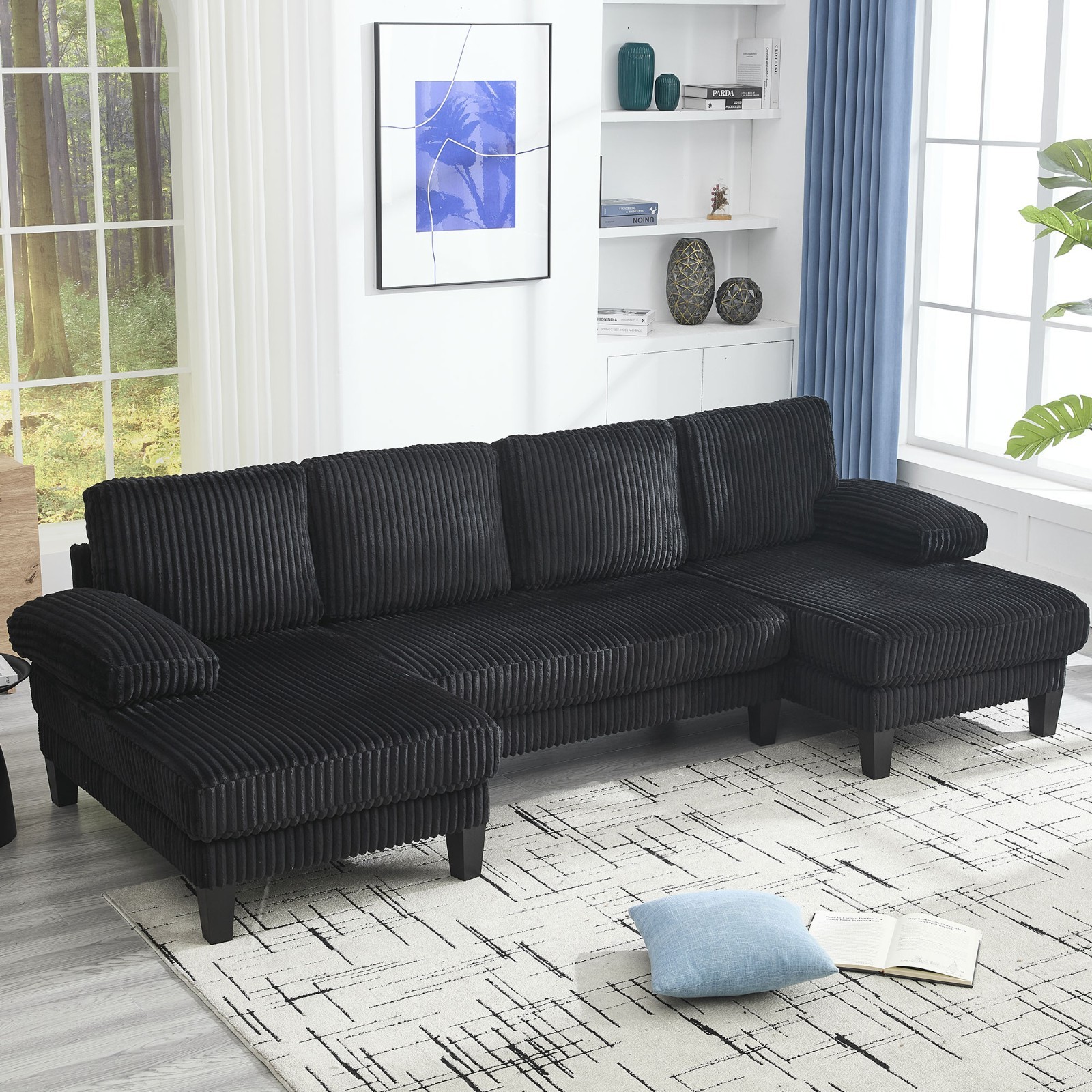 114" U-shaped Sectional Sofa Couch Corduroy Fabric Sleeper Dual Chaise Lounges