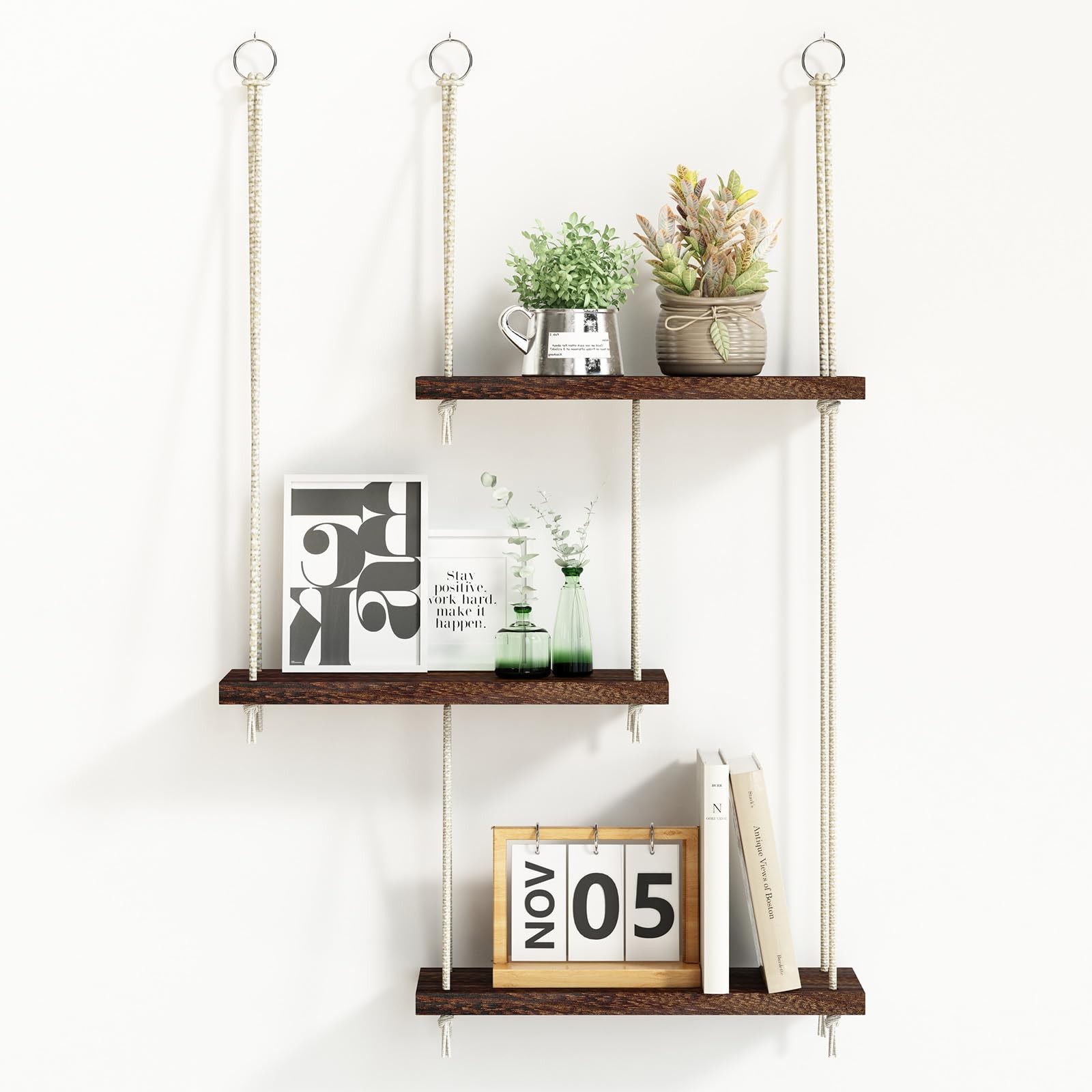 Fixwal Hanging Shelves for Wall, 3 Tier Boho 15.8x5.9x34.8 inches, Dark Brown