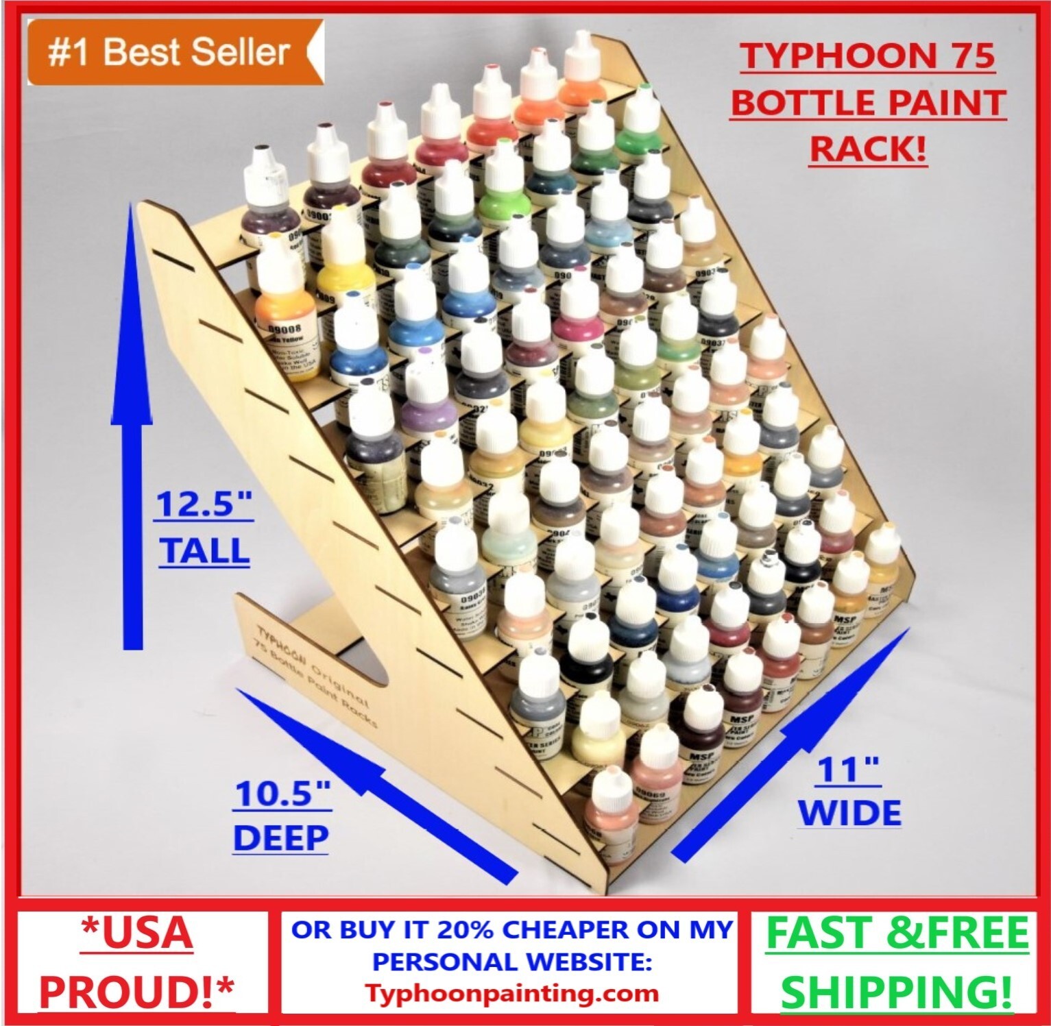 75 BOTTLE PAINT RACK TYPHOON USA HOBBY STORAGE WOODEN ORGANIZER VALLEJO, TESTORS