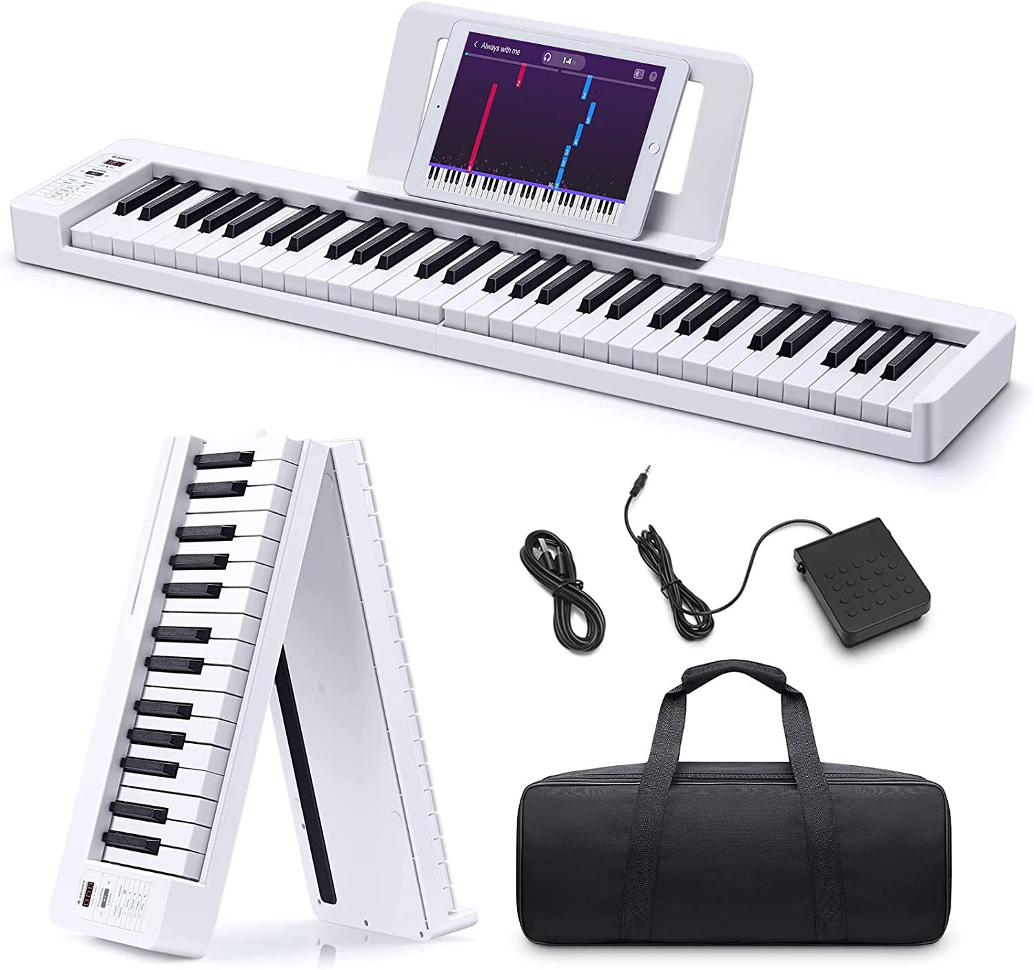 Donner 61 Key Folding Piano Bluetooth Portable Keyboard White Edition Gig Bag