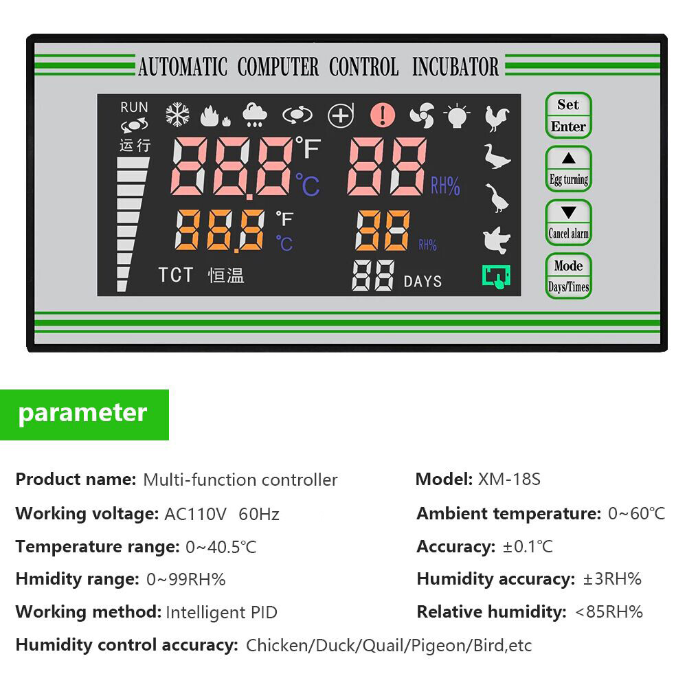 Automatic Egg Incubator Controller XM-18S Thermostat Temperature Humidity Sensor