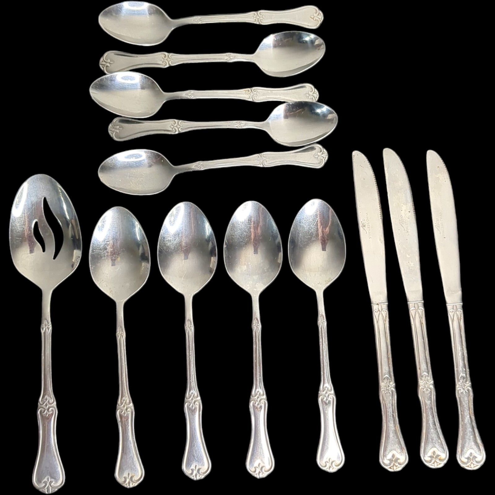 Lot 13 Alco UNKNOWN PATTERN Scrolls Scalloped Spoon Knife 6" Stainless Flatware