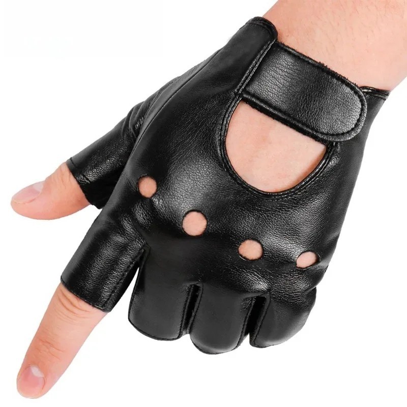 Mens Motorcycle Fingerless Leather Half Finger Driving Biker Black Gloves
