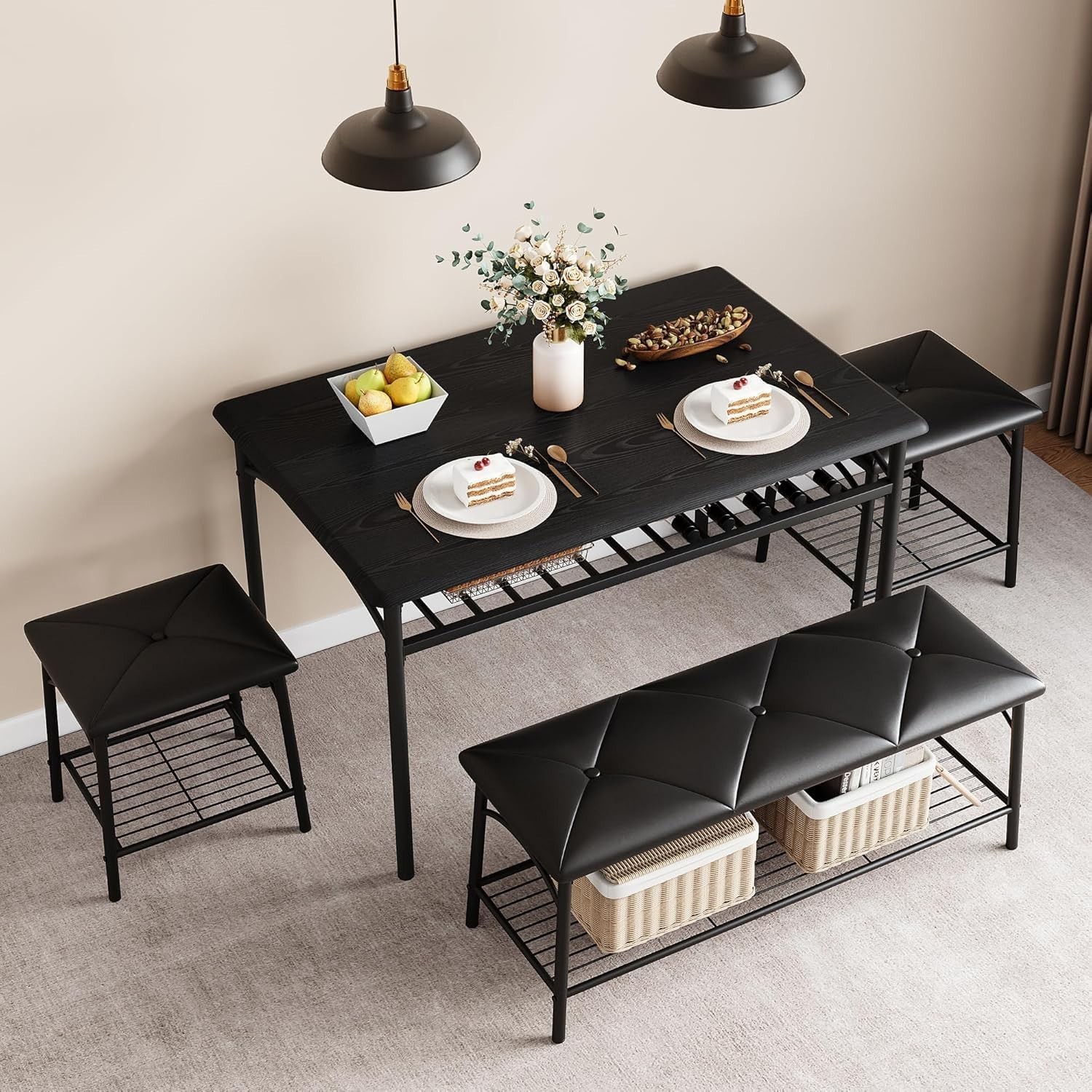Dining Table Set 4 Kitchen Table W/ Upholstered Bench & 2 Chairs Kitchen Table