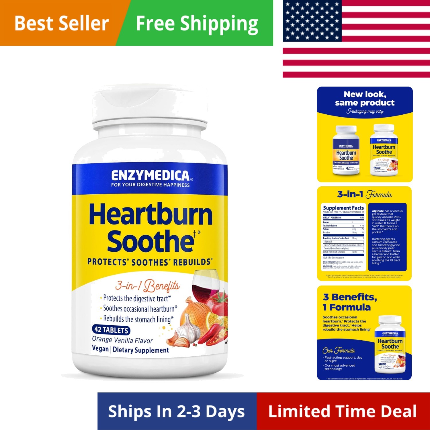 Heartburn Soothe, Fast-Acting Digestive Aid, Vanilla Orange, 42 Chews 21 Serv...
