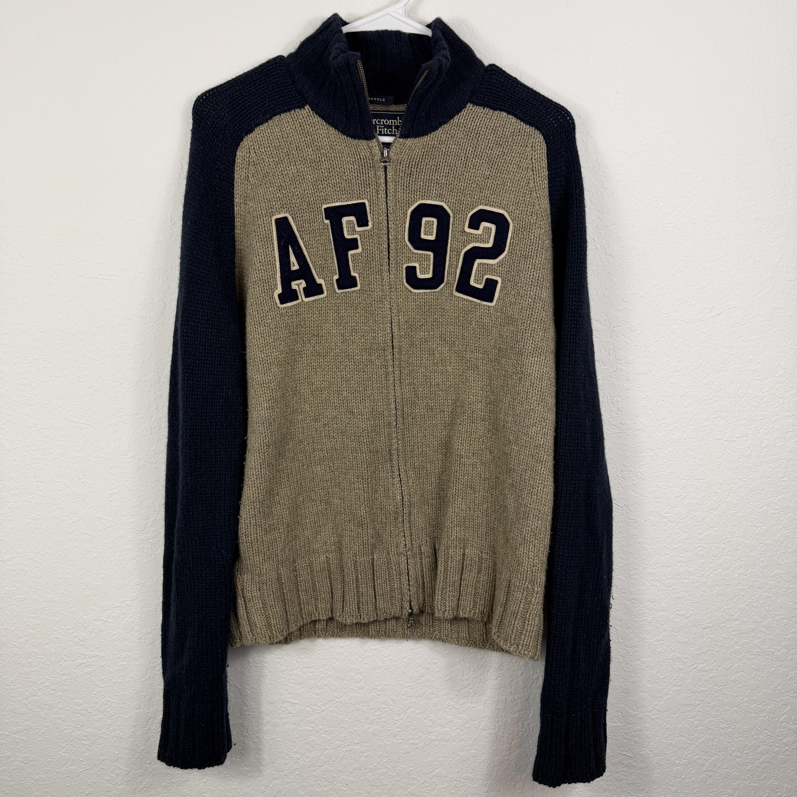 Vintage Abercrombie & Fitch Sweater Men Medium Beige Navy AF 92 Full Zip 00s Y2K