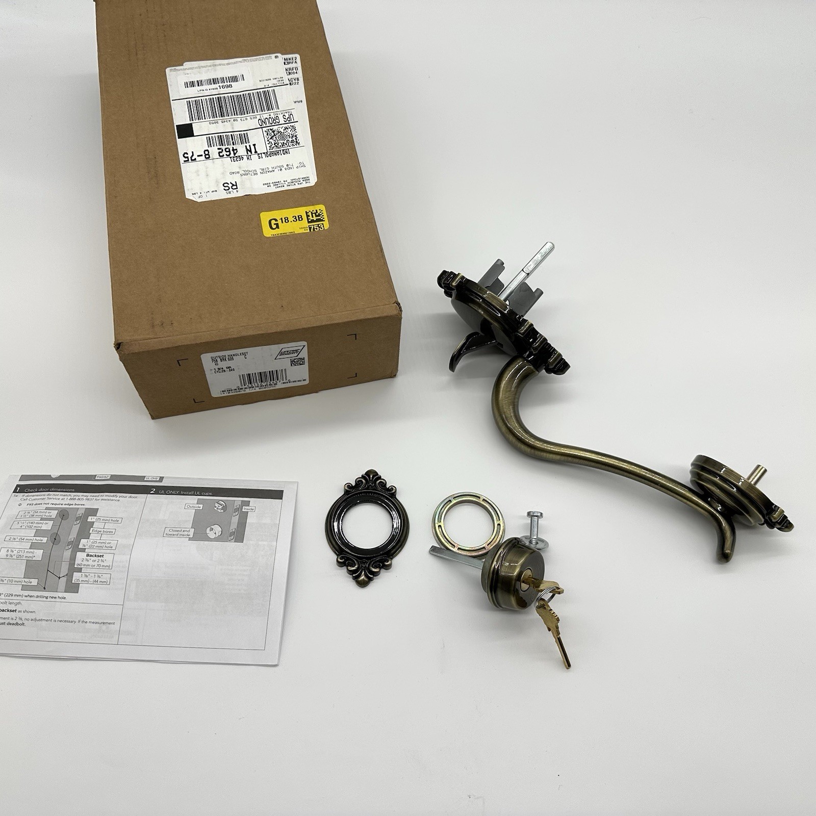 Schlage F58BRK609 Brookshire Exterior Handleset Deadbolt Antique Brass AS IS