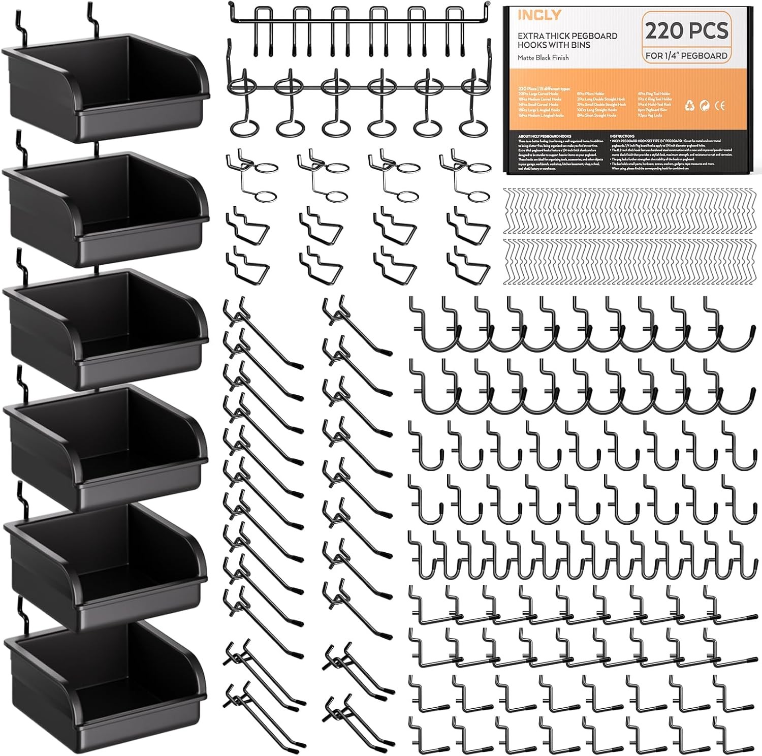 INCLY 220PCS Extra Thick 1/4" Pegboard Accessories Organizer Kit, Heavy Duty