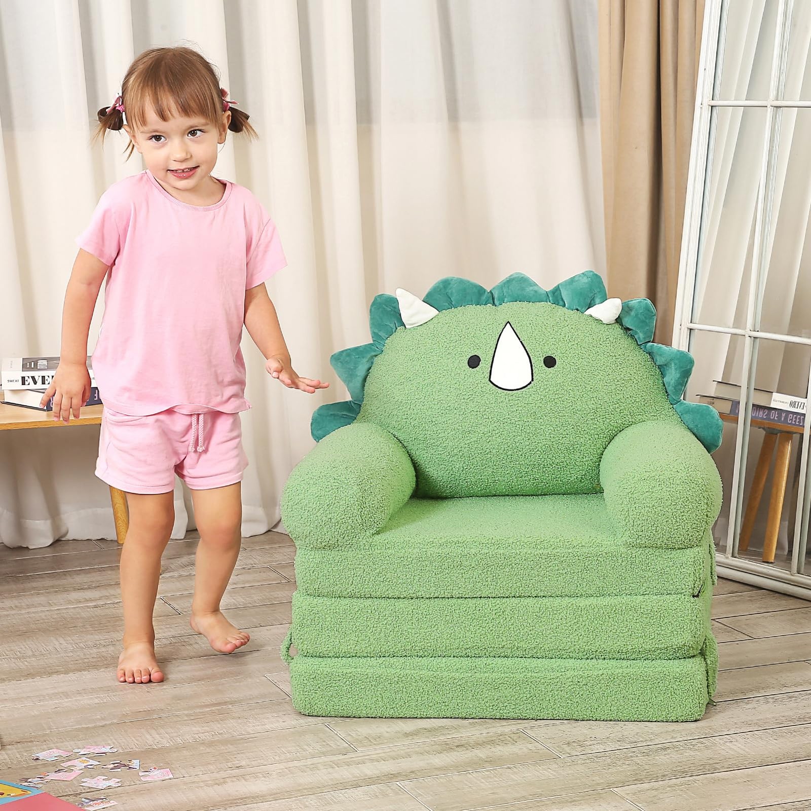 Foldable Kids Sofa, Triceratops Toddler Couch With Tri Folding Foam Cushions,...