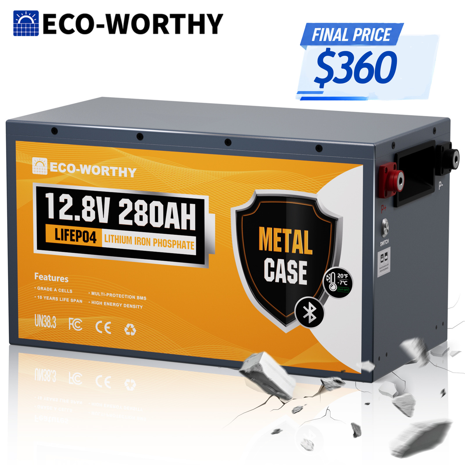 ECO-WORTHY 12V 280Ah 3584Wh Bluetooth Metal Case LiFePO4 Lithium Battery For RV