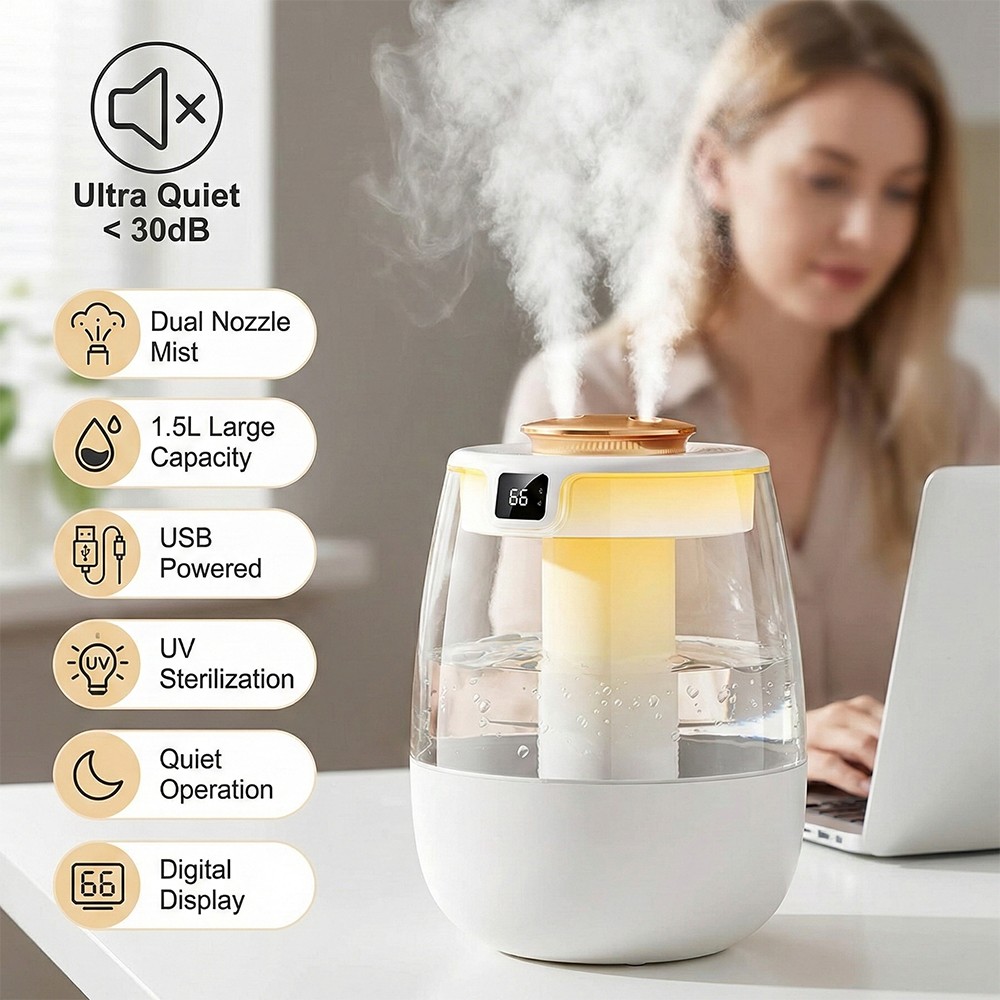 1.5L Smart Humidifiers Ultrasonic Dual Mist LED Humidifier Top Fill for Bedroom