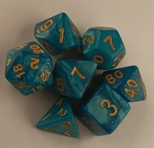 DND Dice 7 pc set, Frosted Pearl Turquoise D4-D6-D8-D10-D12-D20-D%           #49