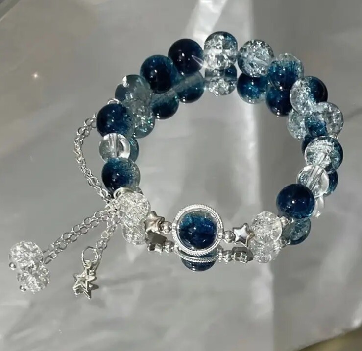 Dazzling Dark Blue Bracelet Glass Beaded Dangle Star Slight Stretch