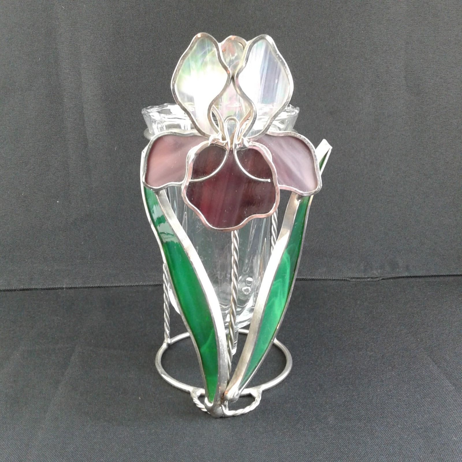Stained Glass Vase Holder Purple Iris Decor Suncatcher Gift Floral A18-1436