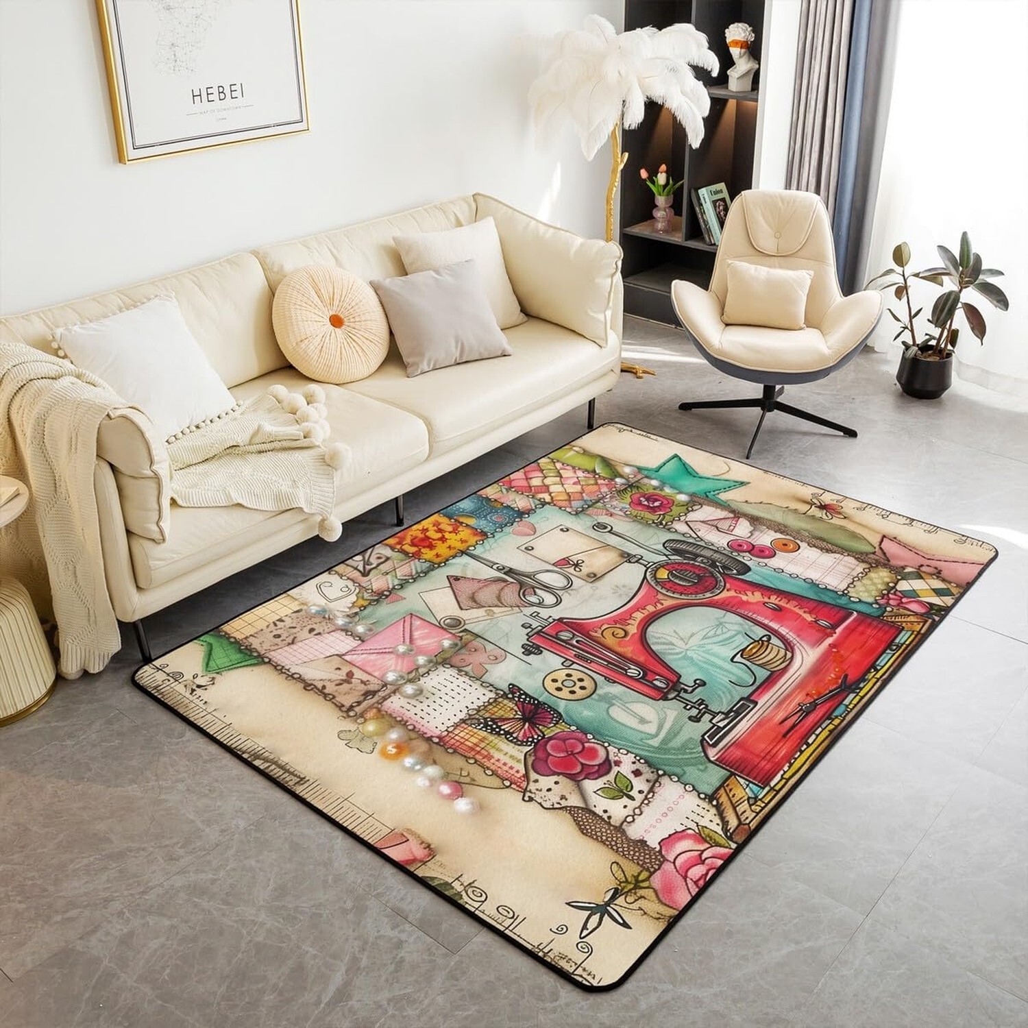 Red Sewing Machine Rug 5x6'6'',Retro European Sewing Theme Non Slip Decorativ...