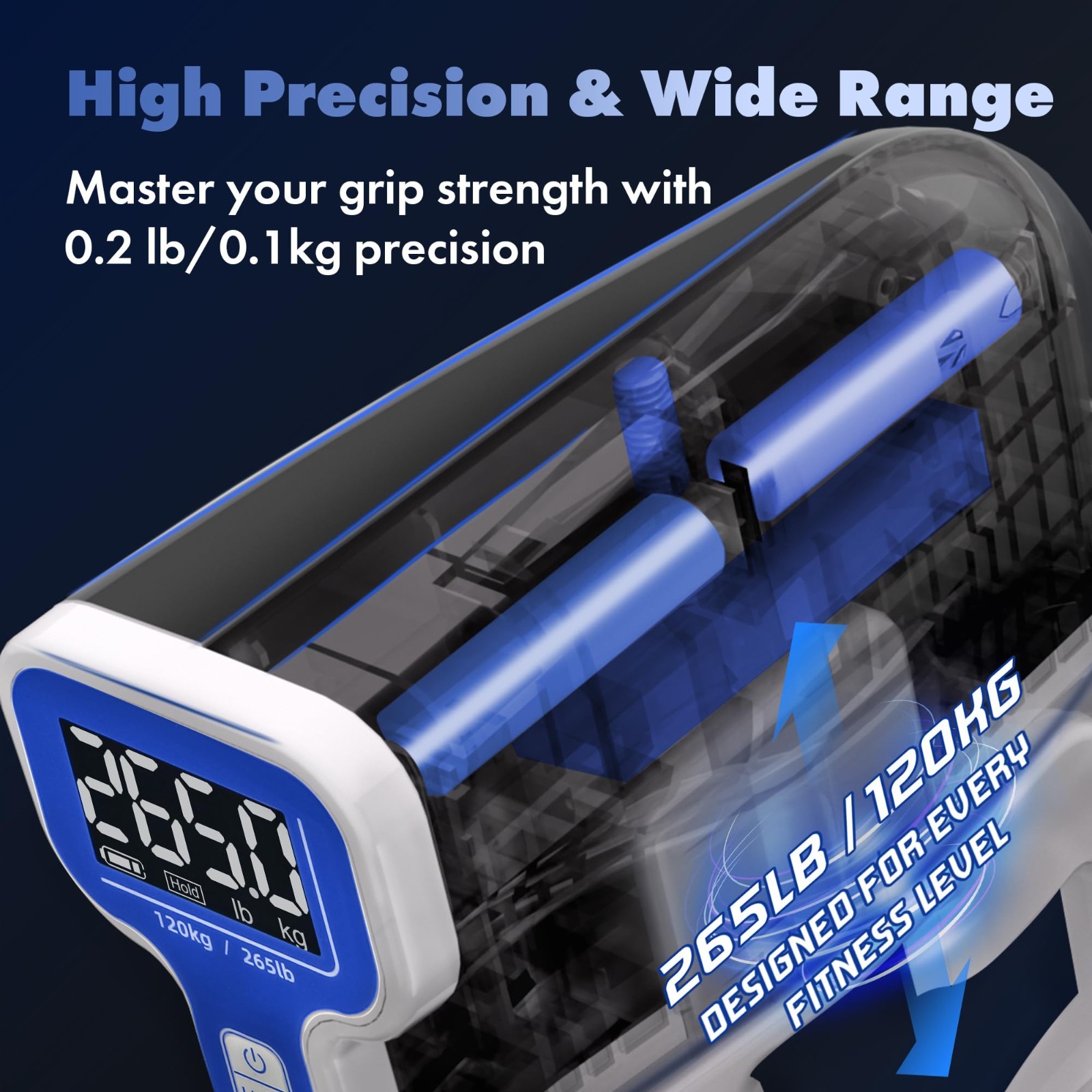 Digital Grip Strength Tester 265 lb Capacity, Accurate Hand Dynamometer, LCD Dis