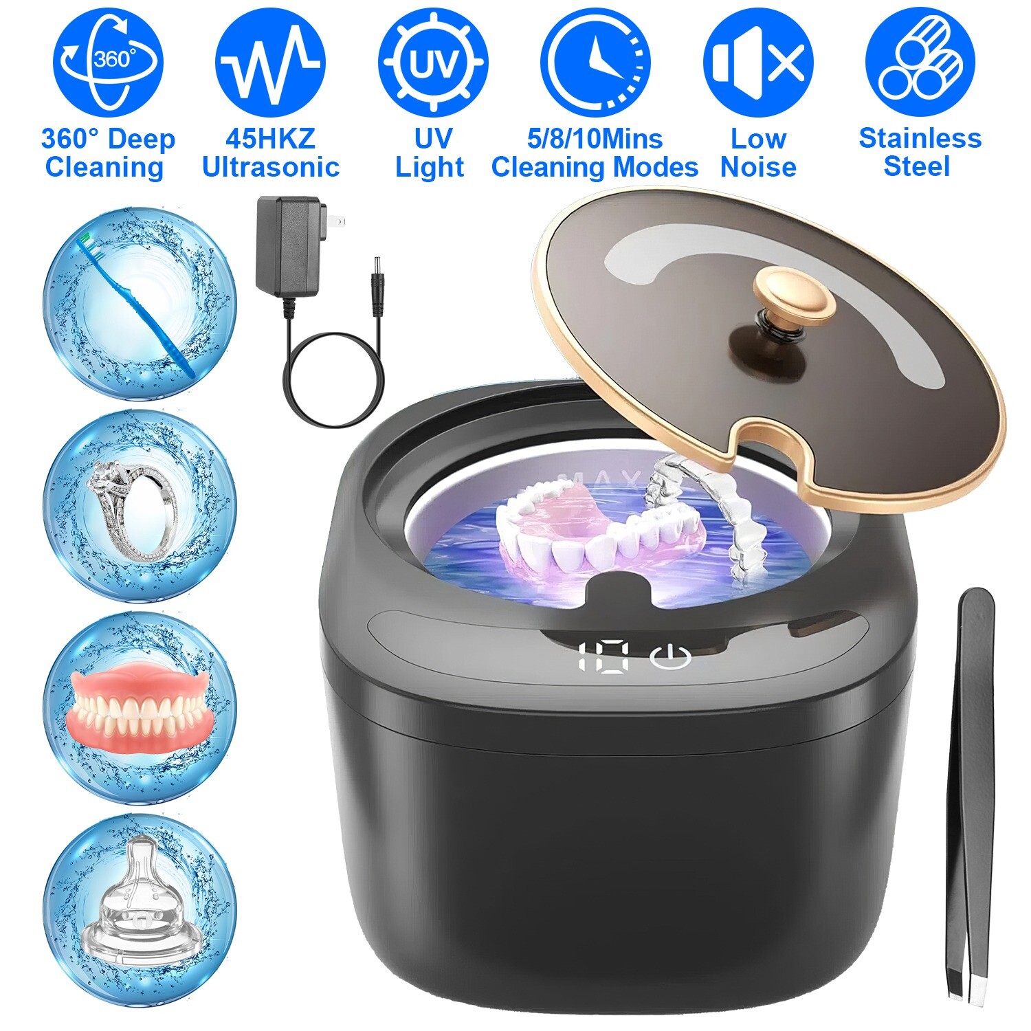 45kHz Machine, 230ML Denture Cleaner, 4 Modes