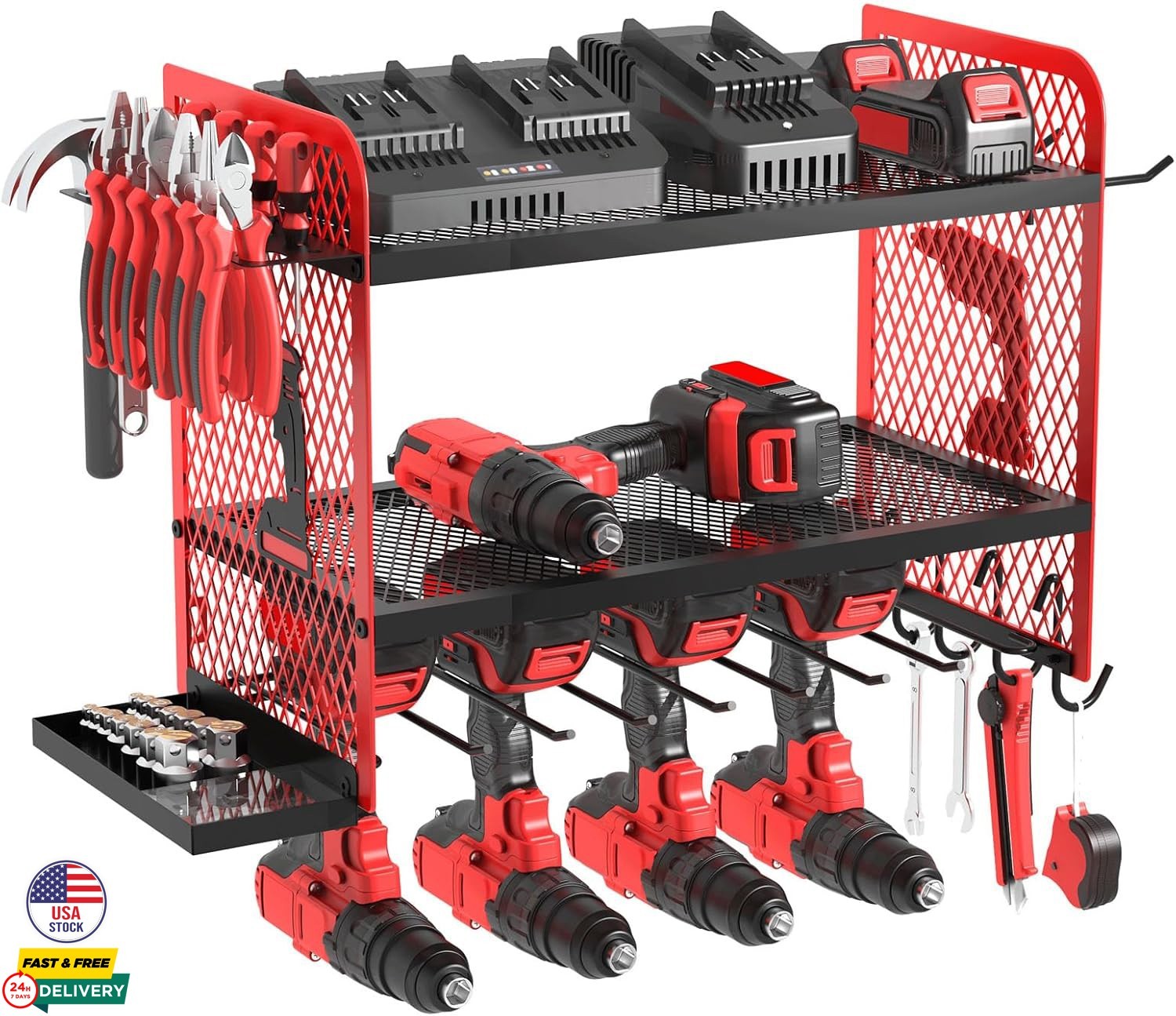 Power Tool Organizer Wall Mount Heavy Duty 3 Tier 4 Drills Holder Storage Rack