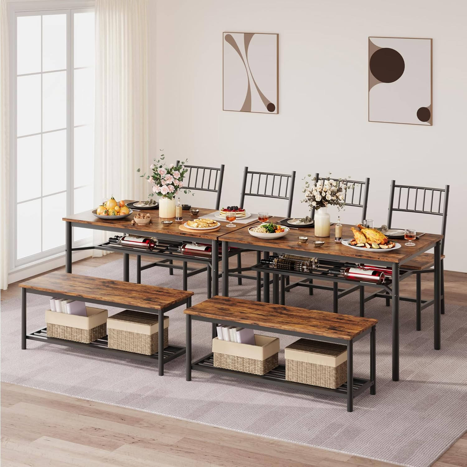 Dining Table Set for 4 with Bench and Chairs, 4-Piece Kitchen Table Set with Sto