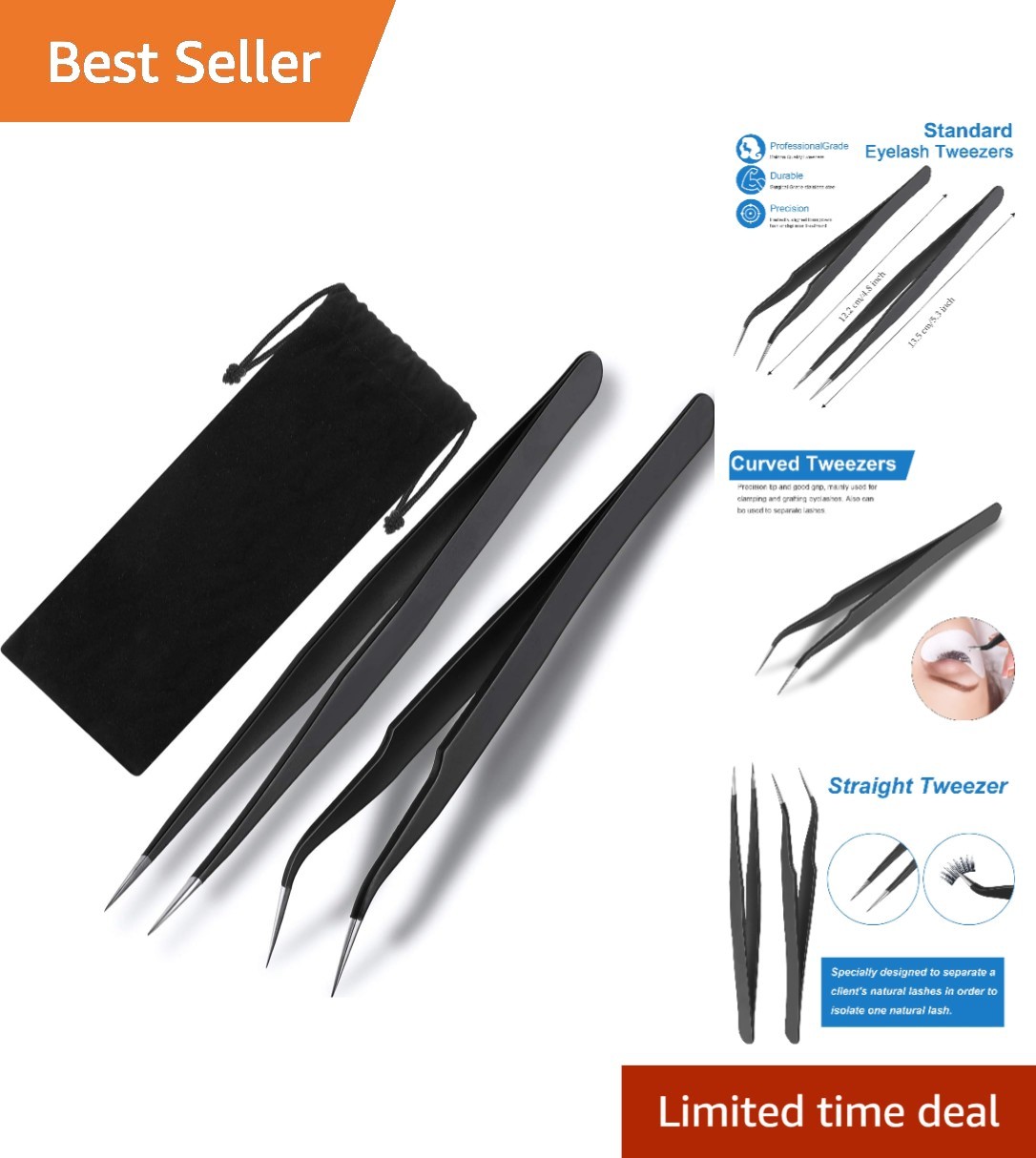 Precision Eyelash Extension Tweezers Set - Straight & Curved Stainless Steel