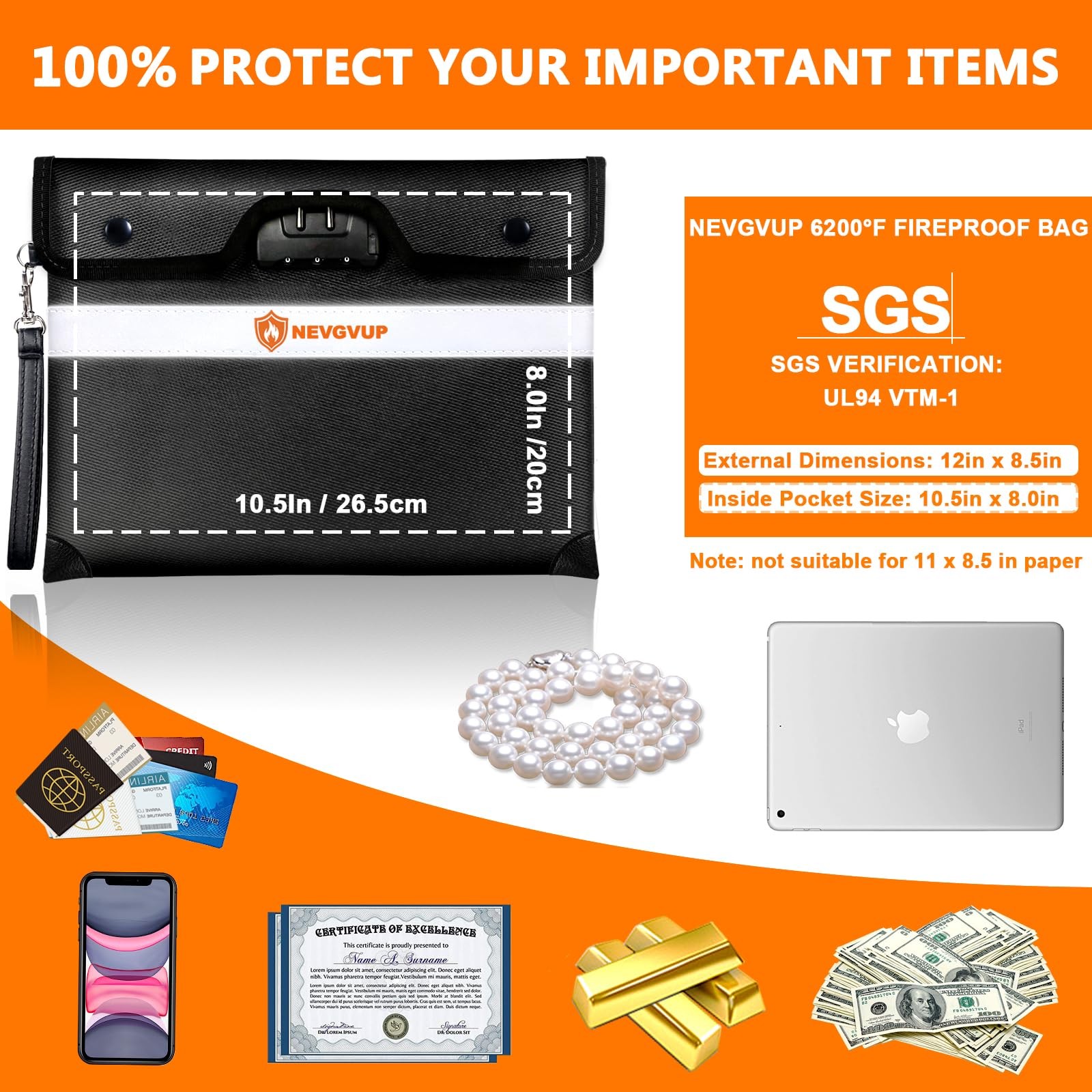 6200F Fireproof Money Bag with Lock A5 Documents Zipper Reflective Strip
