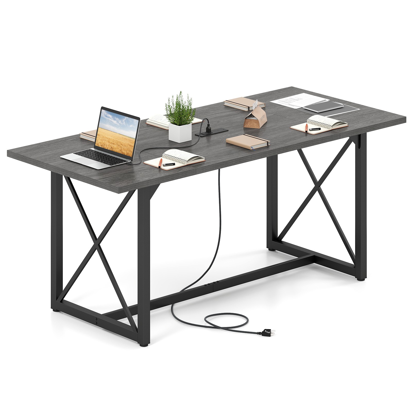 6FT Conference Table w/ Power Outlets, Large Meeting Room Table Seats 6-8 People