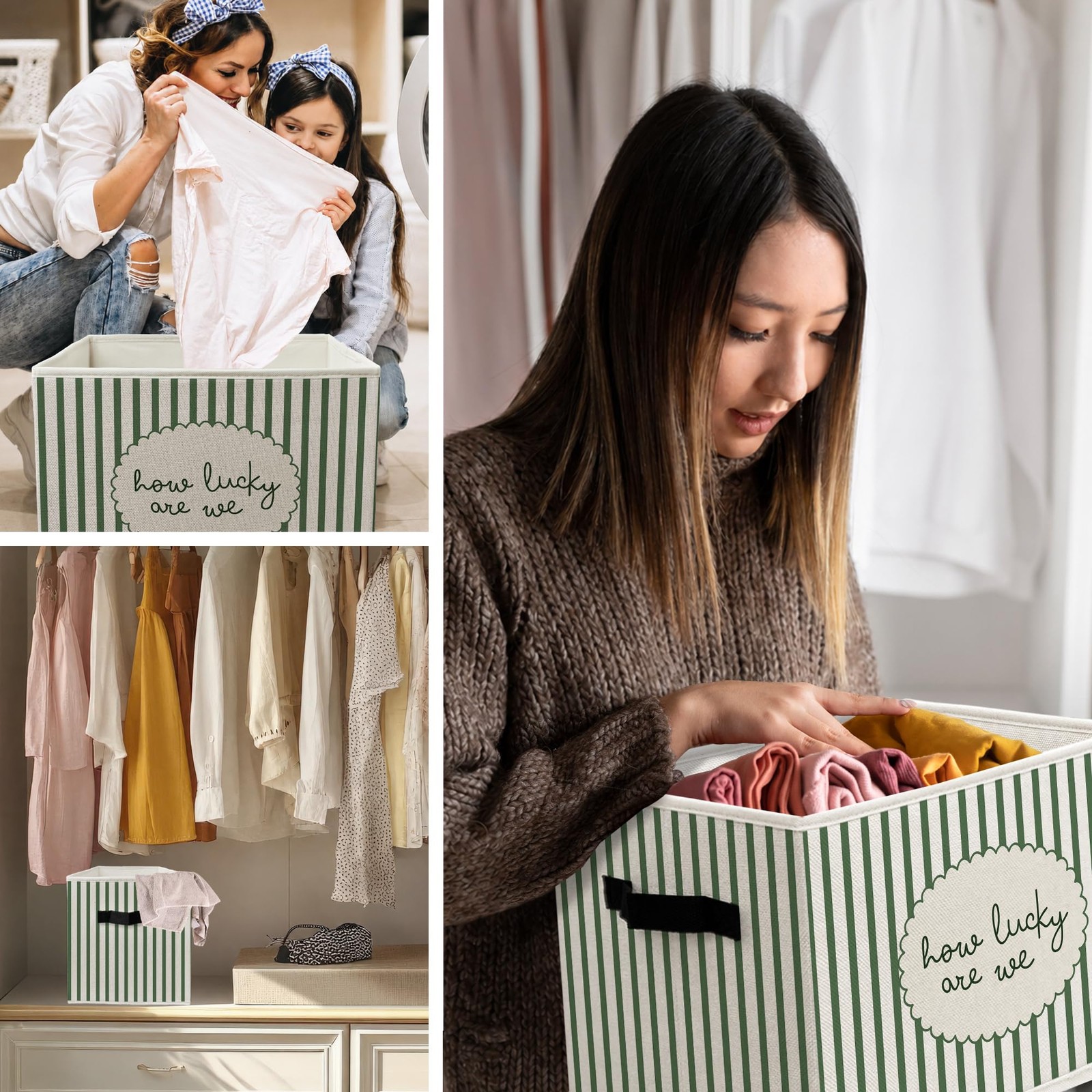 How Lucky Are We Storage Boxes, Green Striped Inspirational Cube Storage Bin ...