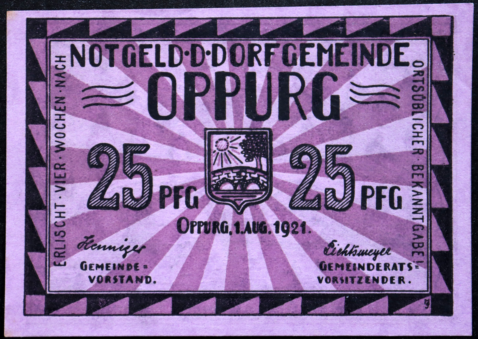 OPPURG 1921 RARE 94x67mm No-Printer Variant! 25 Pfennig Purple German Notgeld