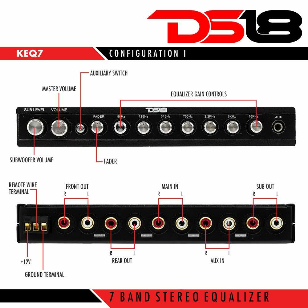 DS18 KEQ7 7 Band 6 Channel Equalizer Crossover 7 Volt RCA Output Front Aux Input