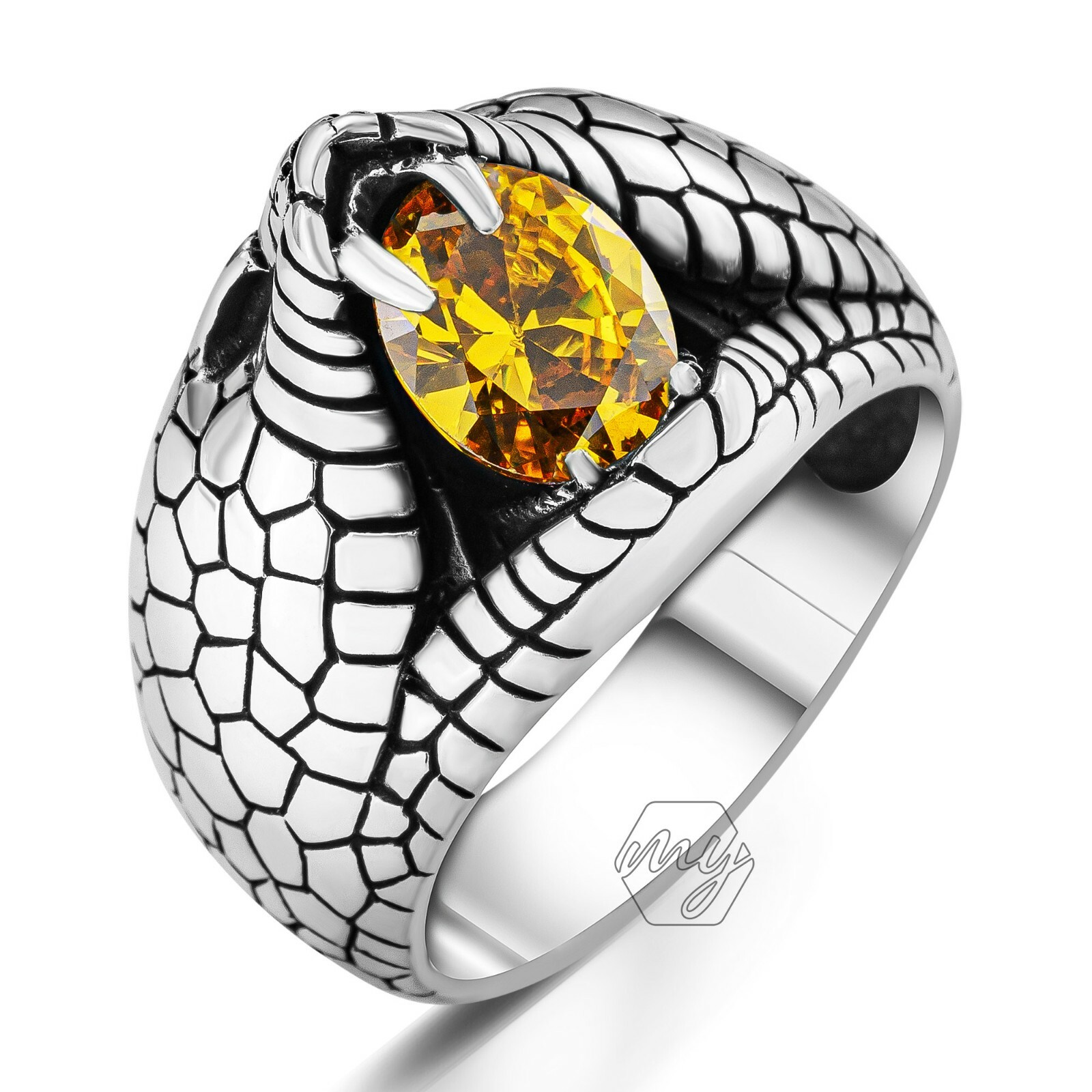Solid 925 Sterling Silver Citrine Stone 3D Snake Design Men's Ring
