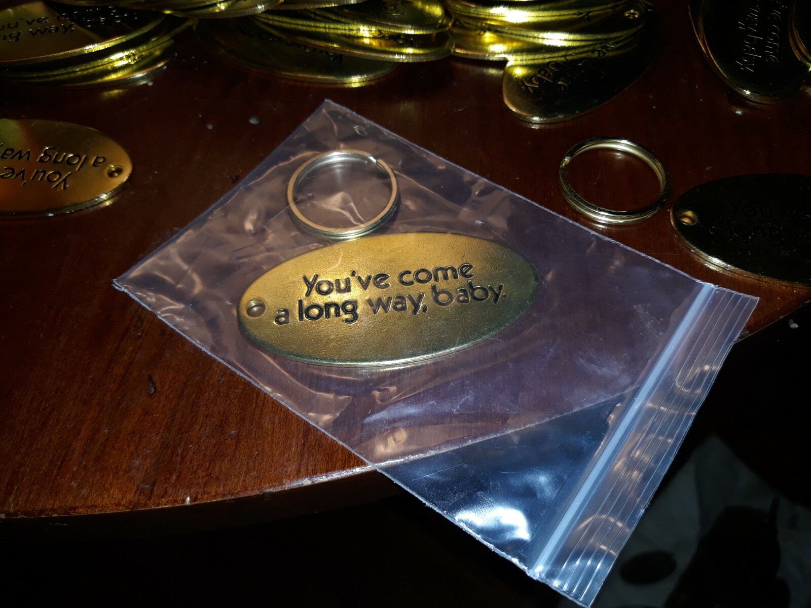 Holiday SALE!  Vintage YOU COME A LONG WAY BABY Brass Keychain Fob Key Ring