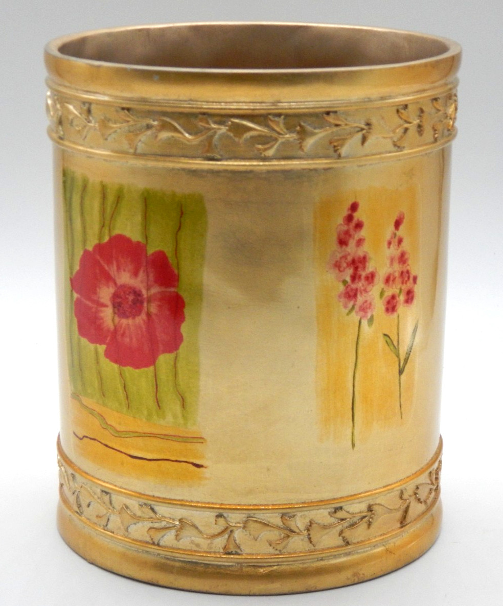 Gold Decoupage Ornate Brushed Style Elegant Floral Heavy Waste Basket Beautiful