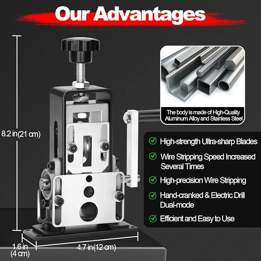 Manual & Drill-Driven Dual-Drive Wire Stripping Machine Bench Mount, 0.06"-1"