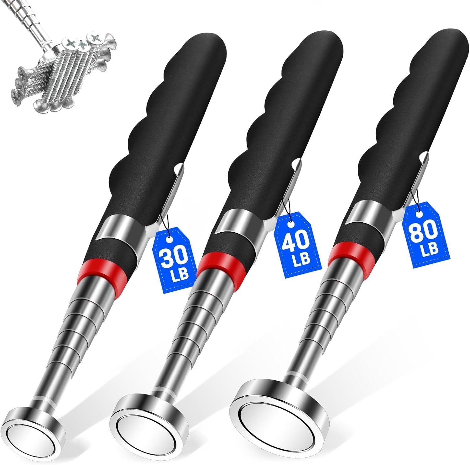 3PCS Imán Telescópico 31" 30/40/80lb Recogedor Magnético Fuerte, Regalo Hombre