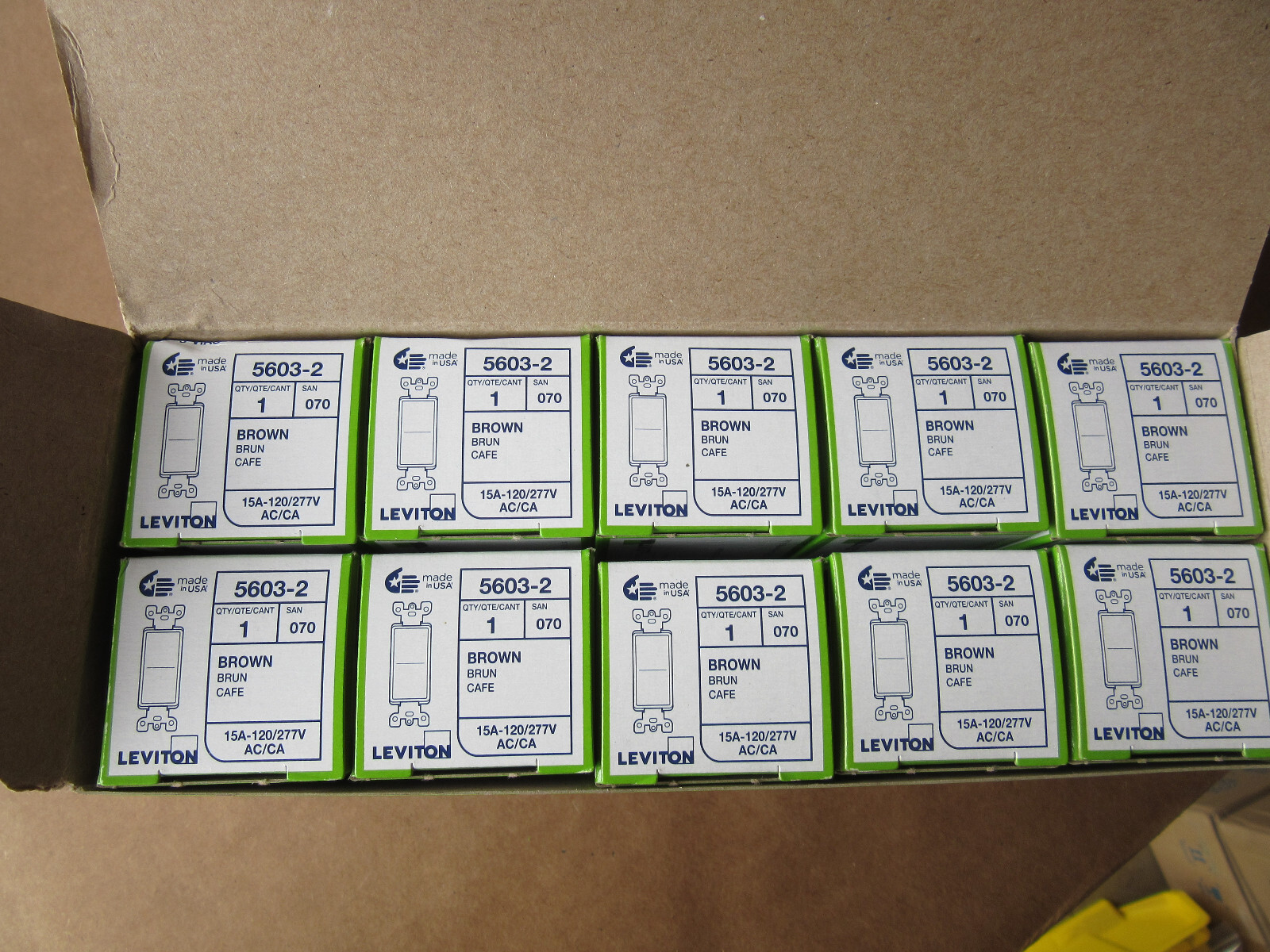 (10) Leviton 5603-2 Brown Decora Switch 15A 120/277V 3-Way New in Box