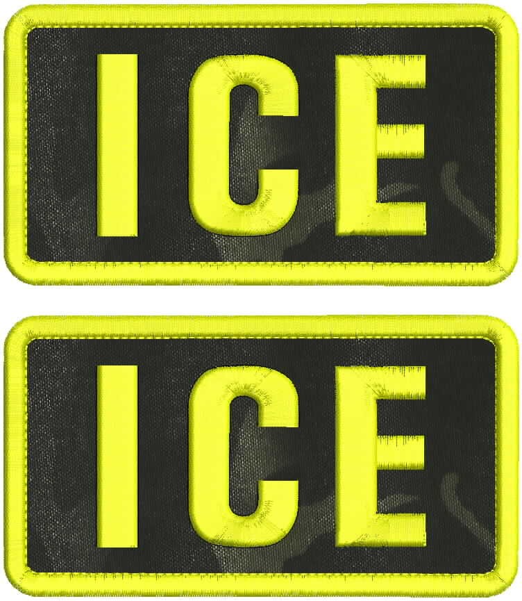 2  i  c  e. EMBROIDERY PATCHes 3x6 VELCR@ ON back yellow on BLACK multicam