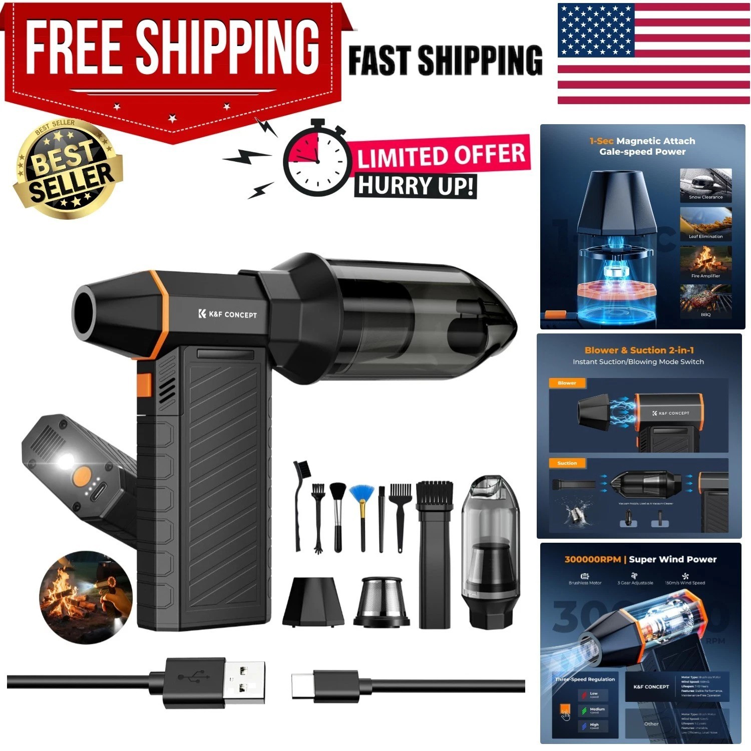 2-in-1 Magnetic Compressed Air Duster, Electric Air Duster|300000RPM Vacuum C...