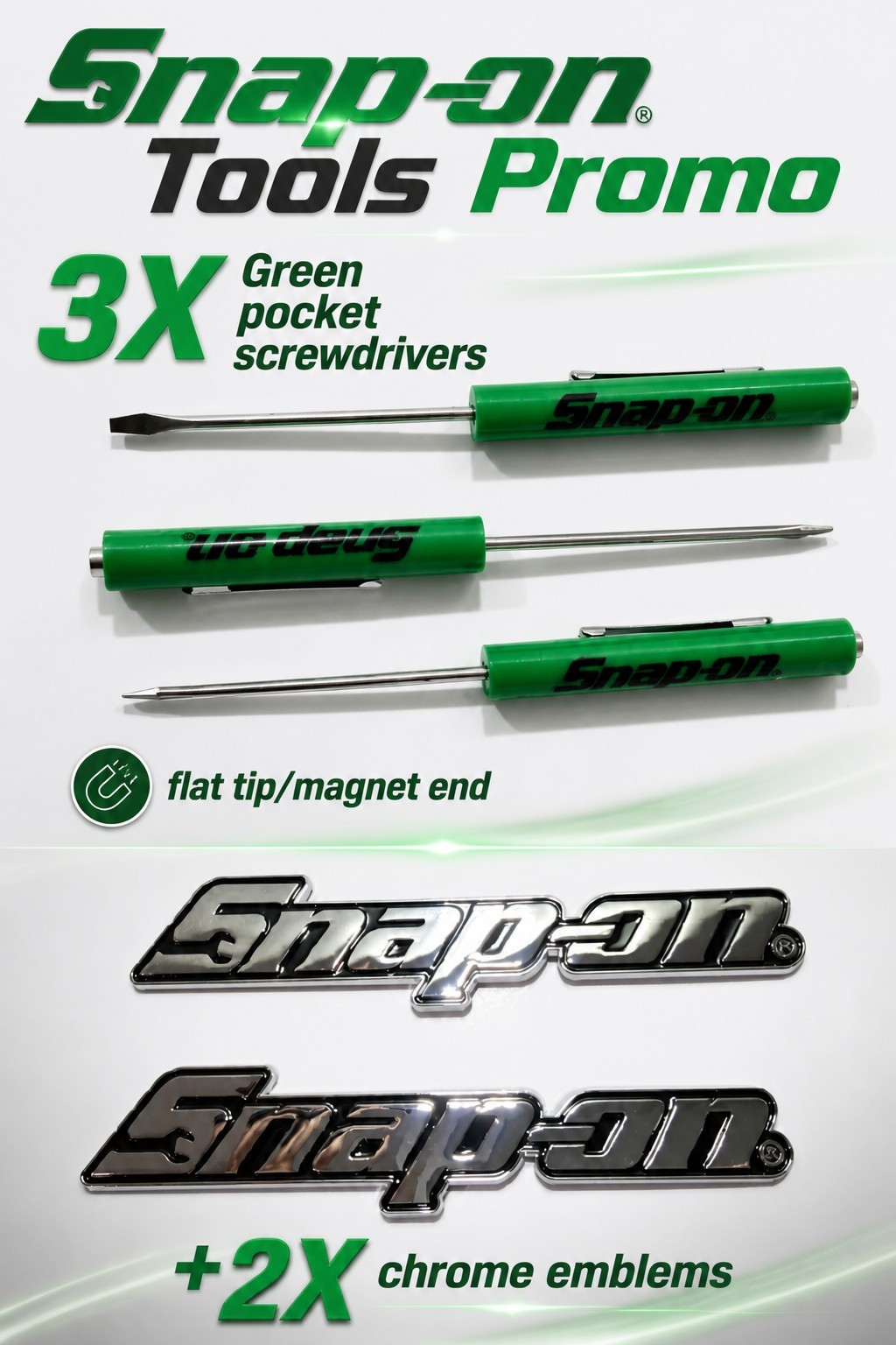 2PK SNAP ON TOOL BOX LOGO EMBLEM Chrome Plastic Badge Decal 8" + 3 Green Drivers