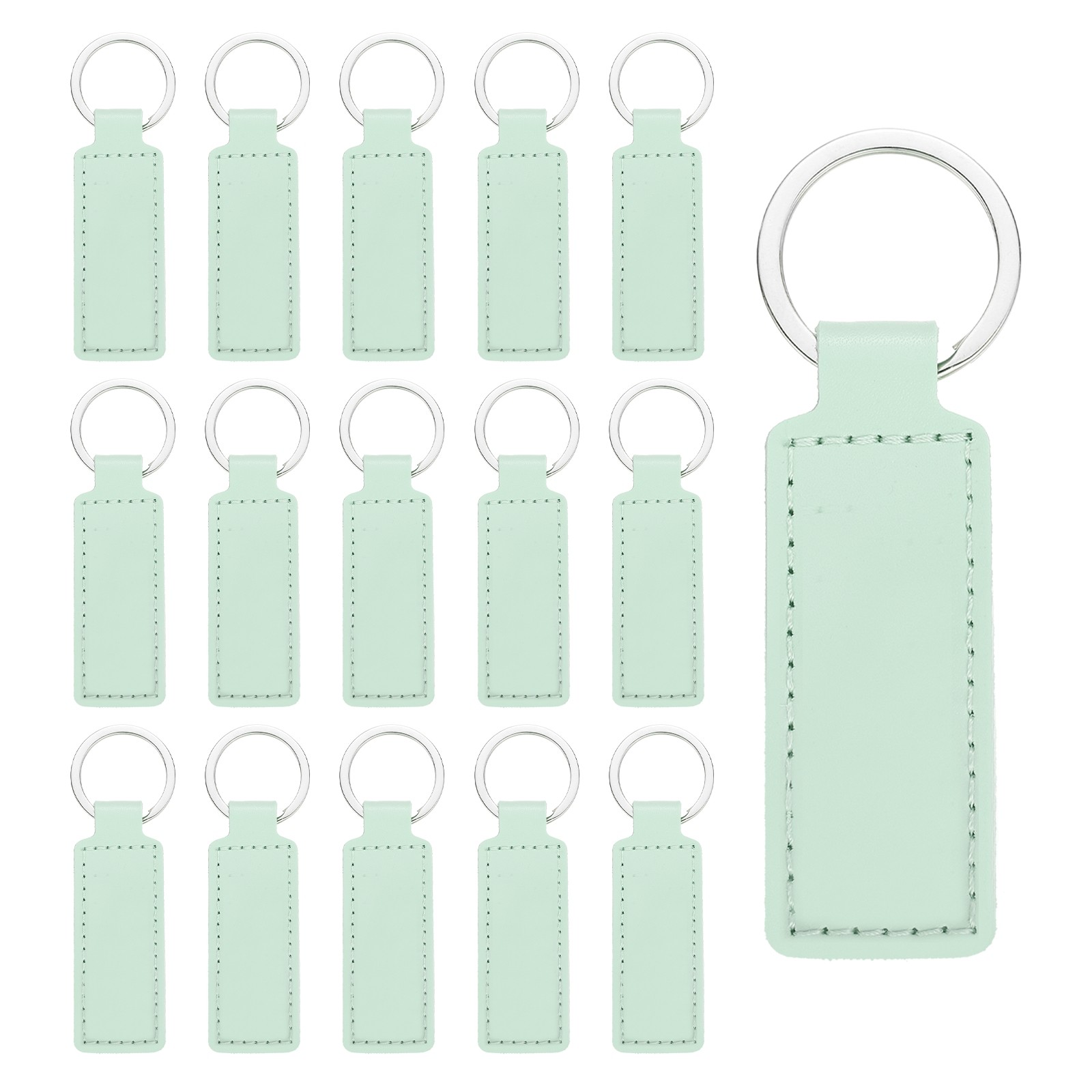 15 Pcs Leather Rectangle Laser Engraving Keychain (Light Green, 3.7"x1")