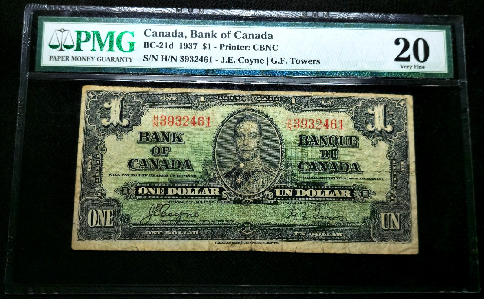 1 Dollar 1937-Jan-02 JEC GFT Oval B-Green King George VI Bank of Canada !!