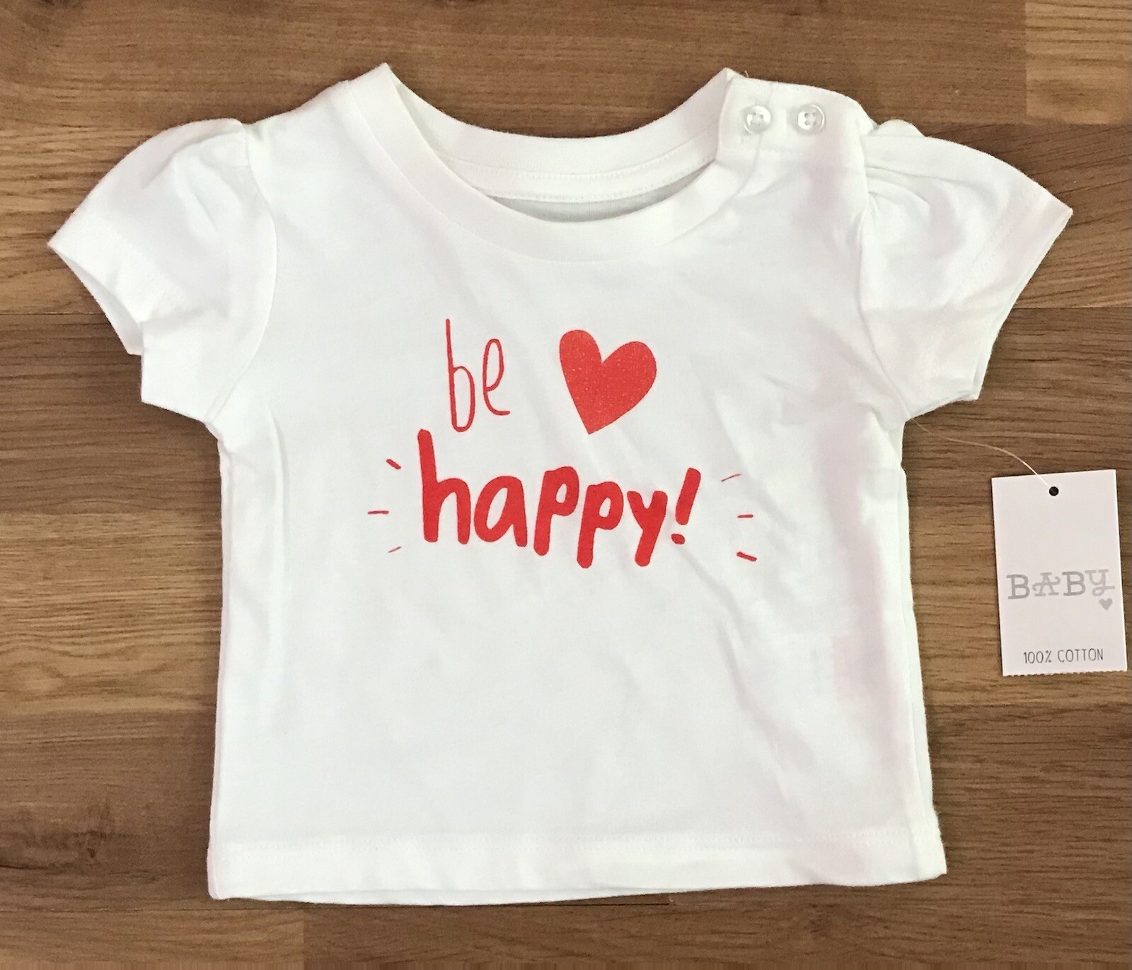 Matalan Short Sleeve T-Shirt Girls Newborn White “Be Happy” Crew Glitter Hearts