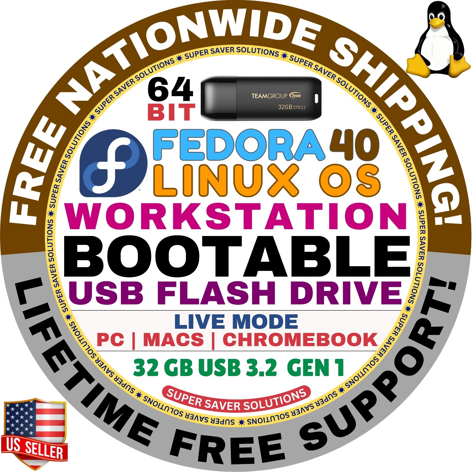 LINUX FEDORA 40 WORKSTATION BOOTABLE USB DRIVE |  64-BIT, Live Mode | MAC, PC