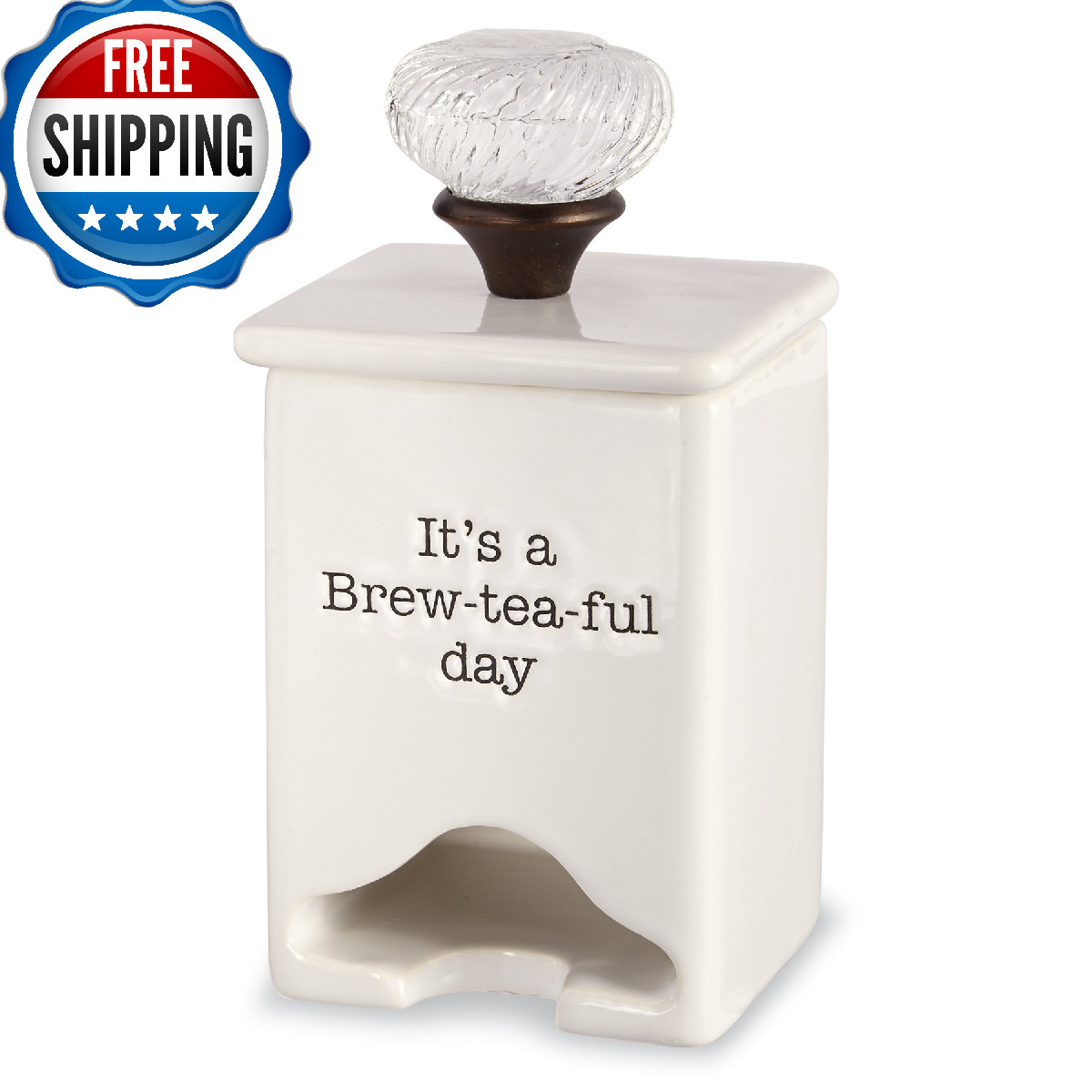 Mud Pie Ceramic Tea Bag Caddy, "It's a brew-tea-full day" - White 7"x3.5"