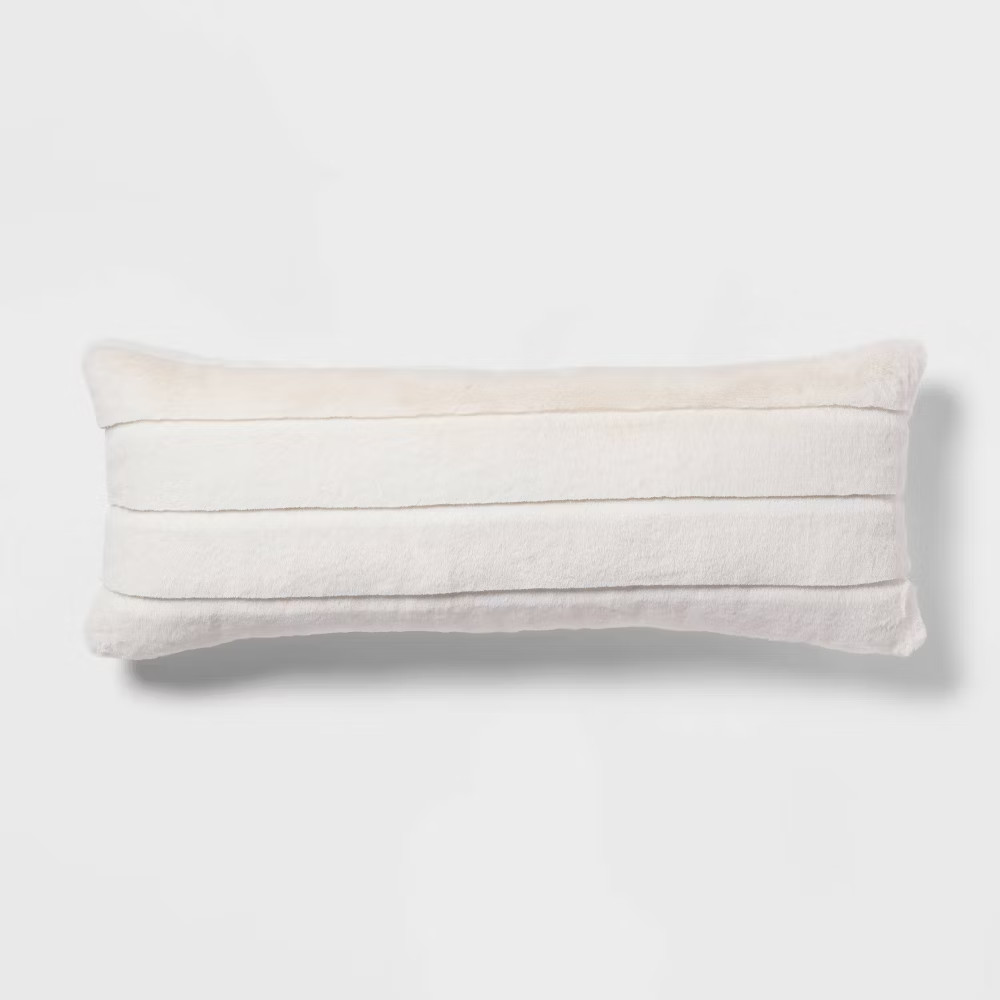 Oversized Oblong Faux Fur Channeled Decorative Throw Pillow Cream - Threshold