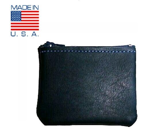 Coin Purse Zipper ~ Dark Blue Colored Leather FLAT - Pocket Wallet MADE in USA
