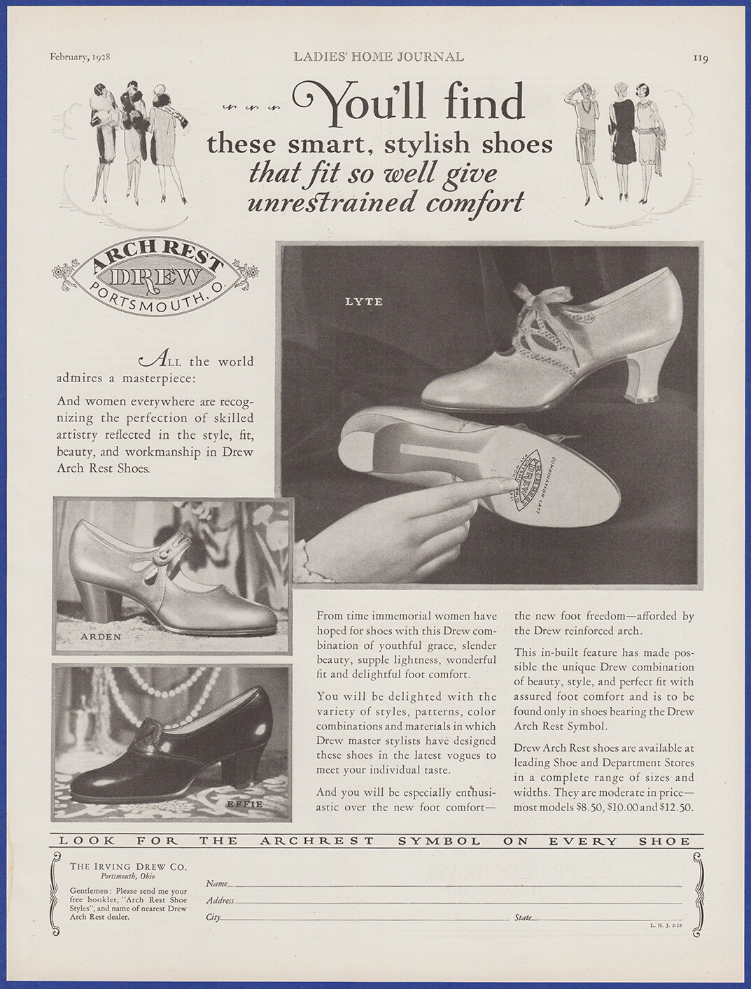 Vintage 1928 DREW ARCH REST Shoes Women's Fashion Art Décor 1920's Print Ad