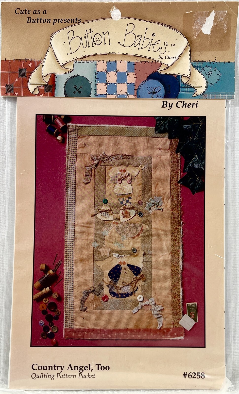 NEW 1992 Cute As A Button Sewing Pattern 6258 Country Angel Too Wall Quilt 14062