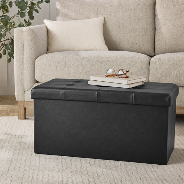 30in Tufted Foldable Leather Storage Ottoman Bench Storage Foot Stool Black