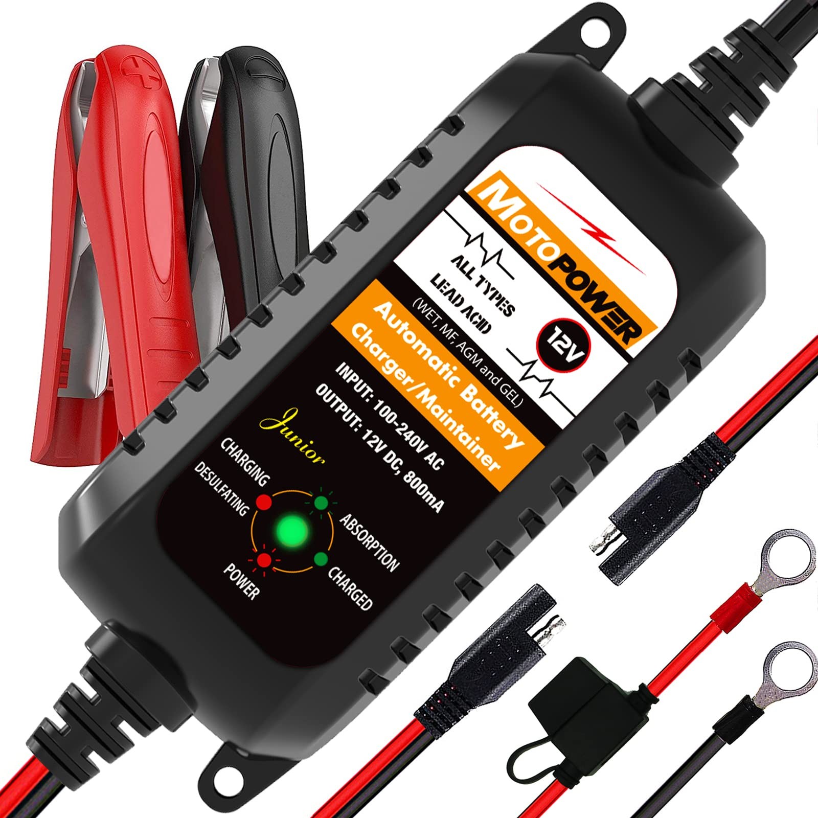 MOTOPOWER MP00205A 12V 800mA Automatic Battery Charger, Maintainer, Black