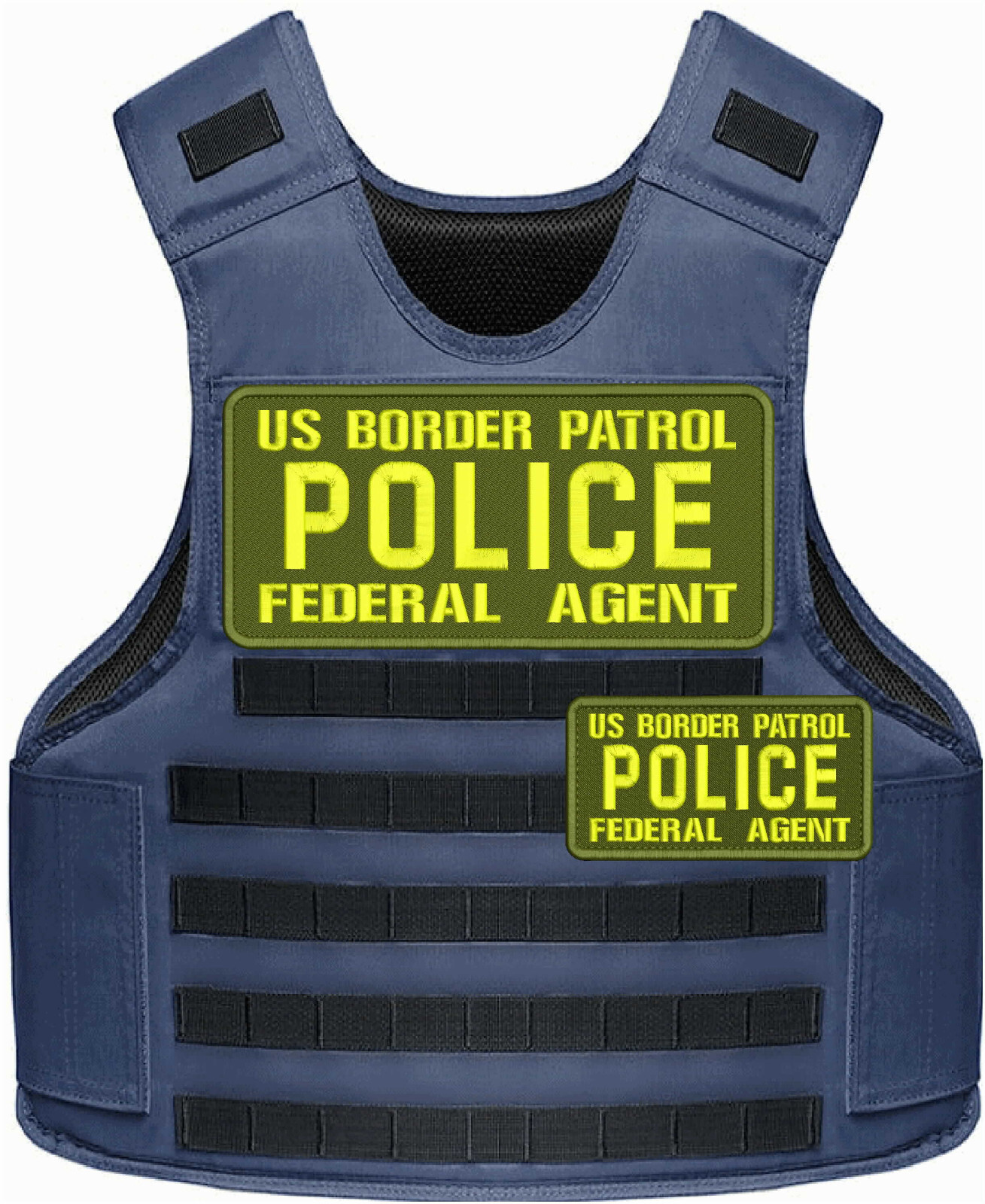 U S B P POLICE F A 2 Emb Patches 5X11 & 3X6 VELCR@ On Back yellow On Od Green